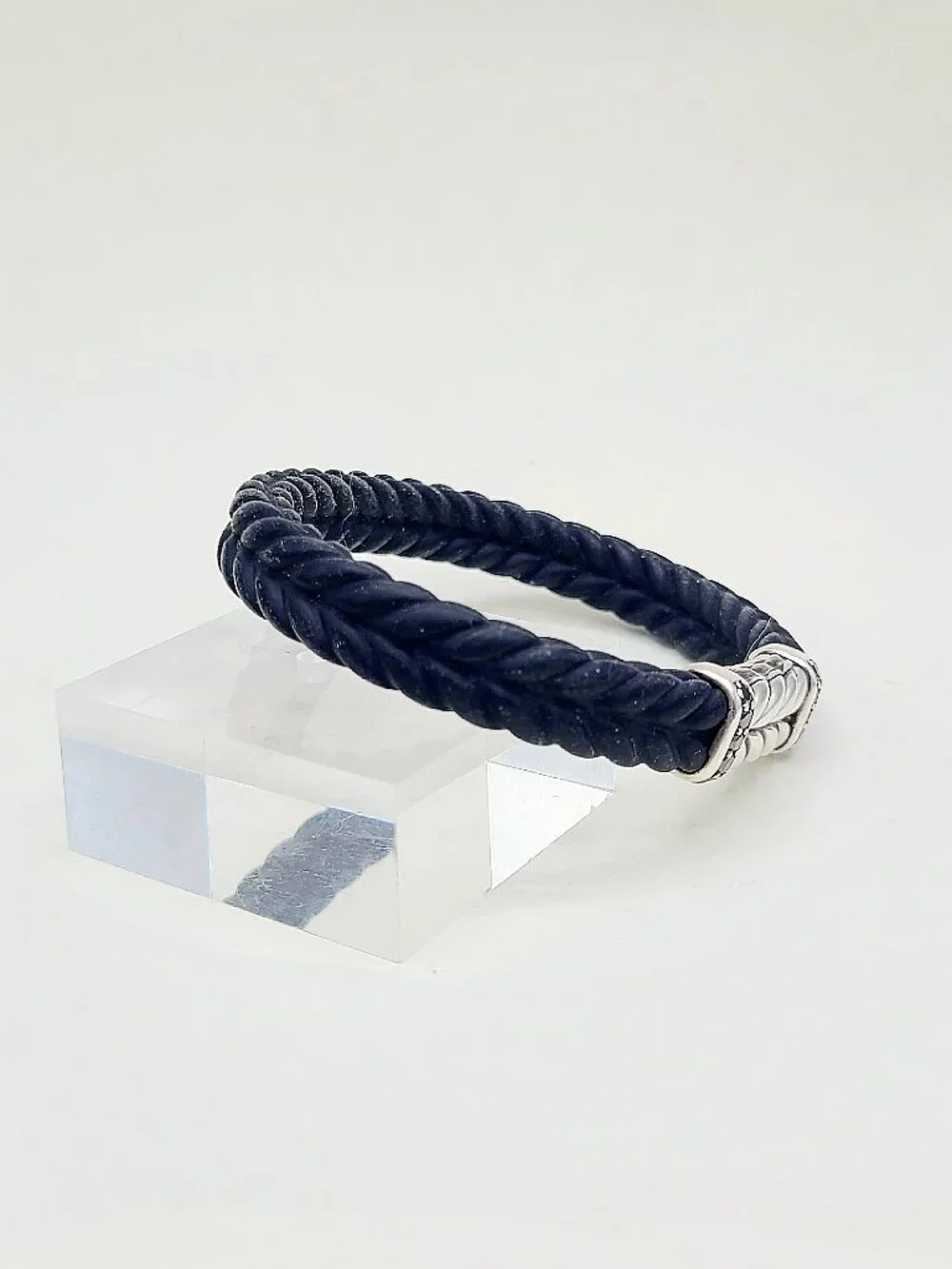David Yurman Chevron Bracelet in Black Rubber w/ Pavé Black Diamonds, 9mm Sz Sm